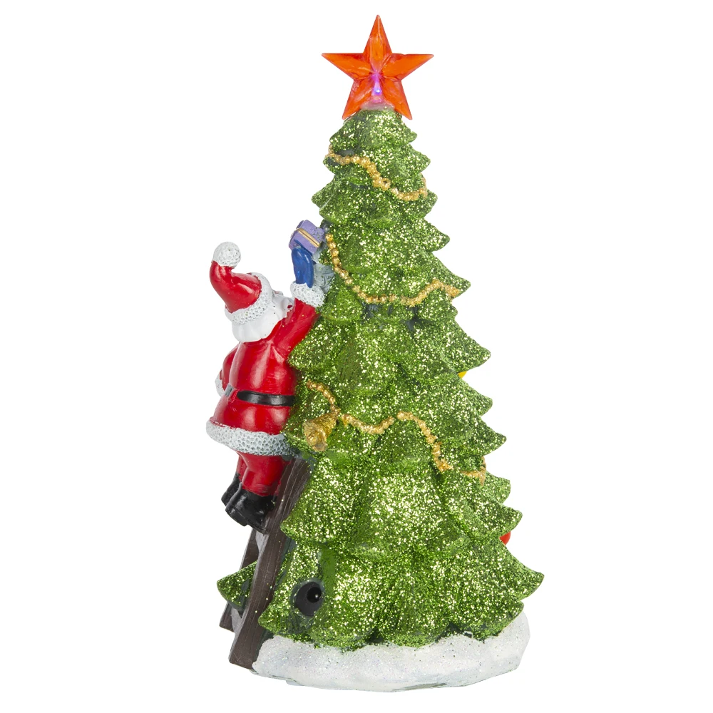 LED Light Resin Christmas Tree with Santa Claus, Christmas Village Decorations Indoor Home Tabletop Fireplace Shelf Ornaments