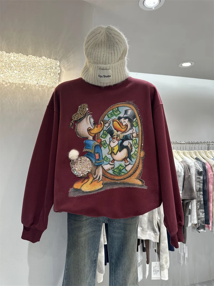 Oversize Hoodies Women 2024 Autumn New Loose Mid Length Heavy Industry Cartoon Print Rhinestone Long Sleeve Pullover Sweatshirts