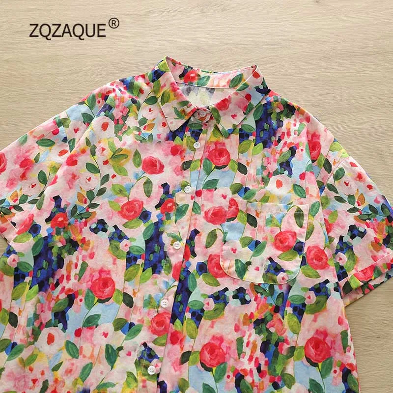 Hong Kong Style Floral Short Sleeve Shirt for Women, New Designer Fashion, Loose Half Sleeved Tops, Female Blouse for Girls S062