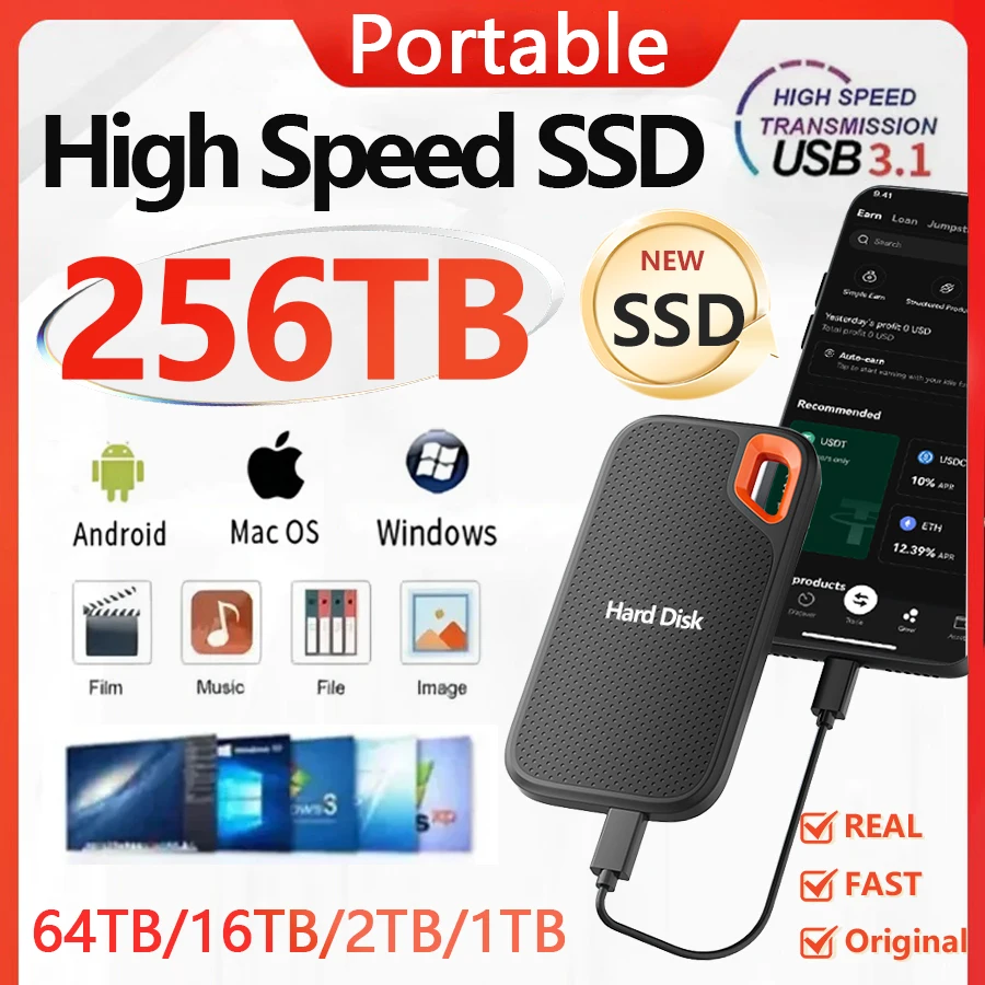 NEW Portable SSD 256TB External hard Drive 4TB USB3.1 Type-c Solid state drive 1TB High Speed Storage Device for Laptop/Mac/PC