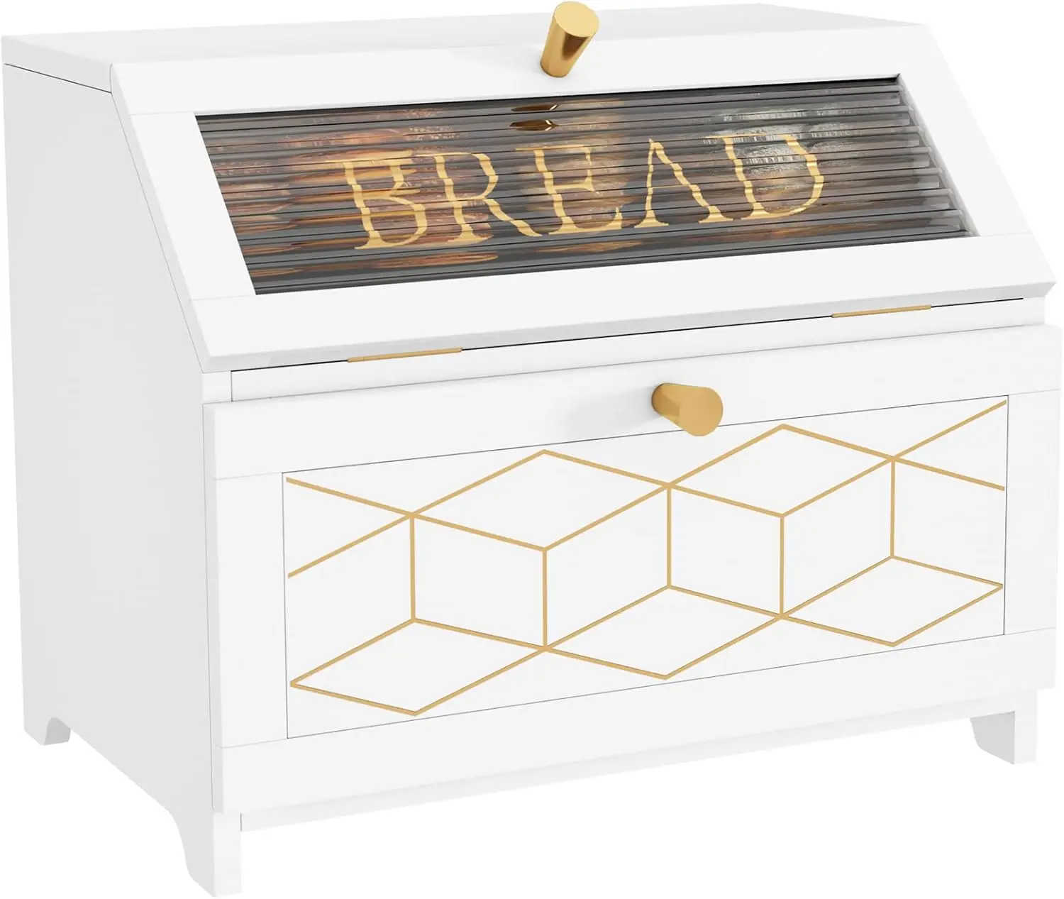 

Double Layer Wooden Bread Box with Golden Trim, Corner Storage for Kitchen Countertop in White