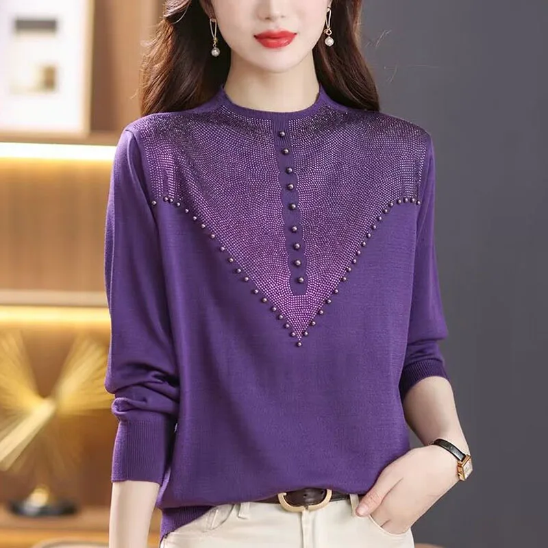 New Autumn and Winter Fashion Trend Western Style Half High Neck Beaded Solid Loose Versatile Slim Long Sleeve Mom\'s Knitted Top