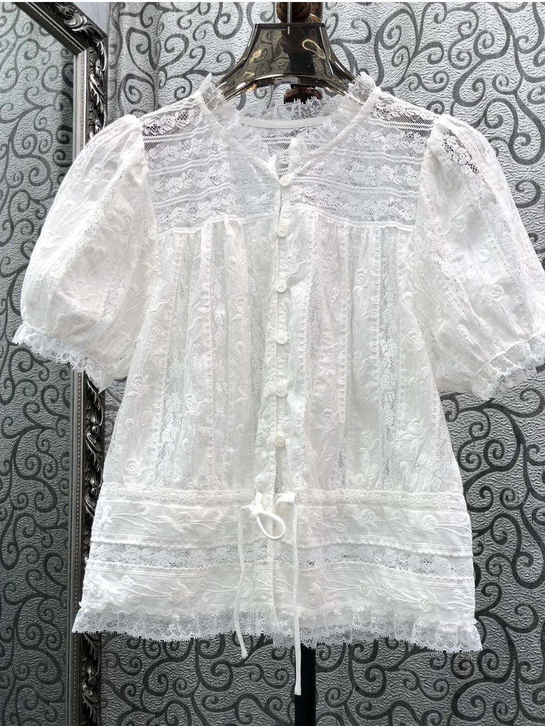 Milan Small Town Special Offer South Oil Version Bubble Sleeve Drawstring Lace Button-Up Short Sleeve Women's Shirt