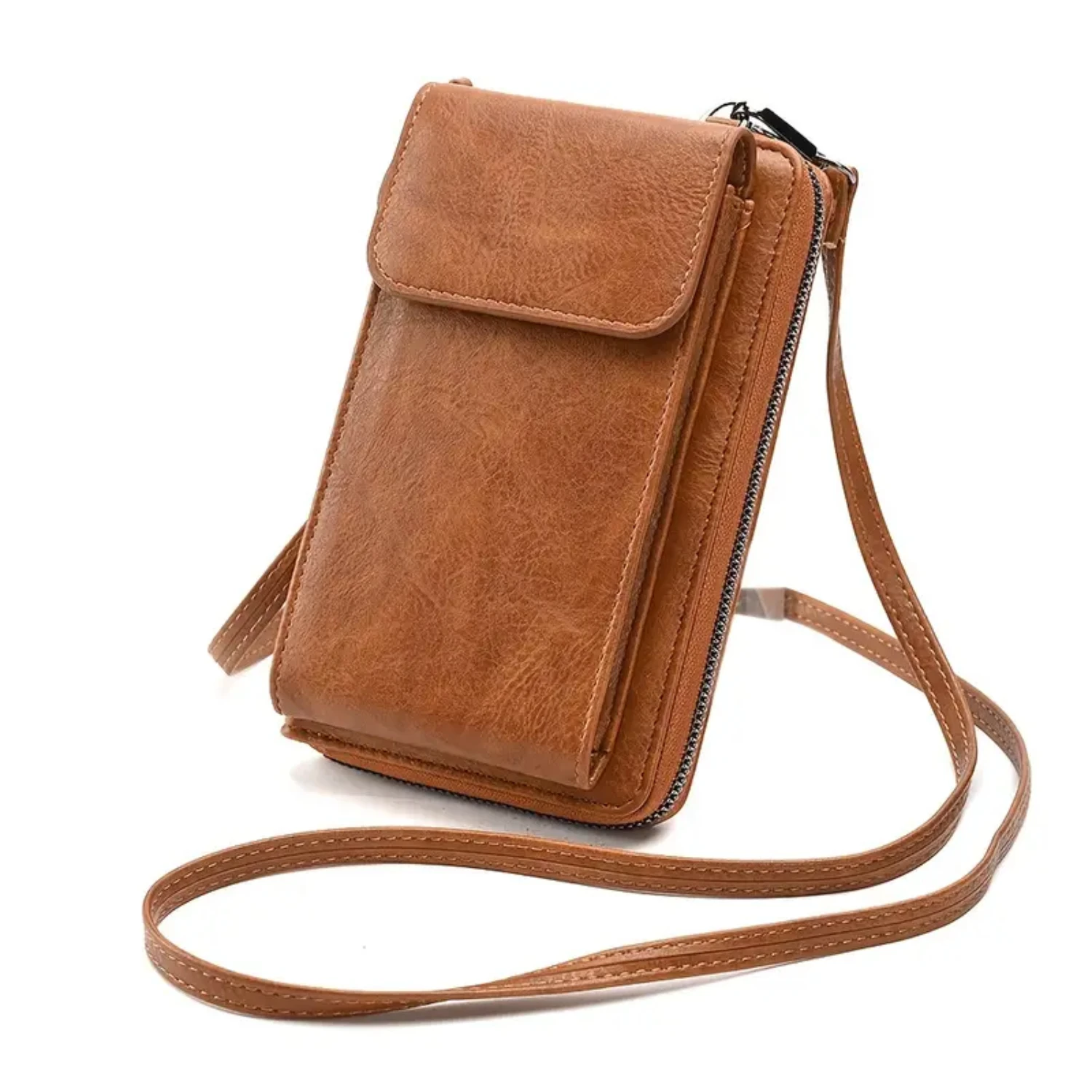 Stylish Vintage Retro Brown Faux Leather Crossbody Bag with Zipper Closure, Flap Pocket, and Women's Phone Wallet