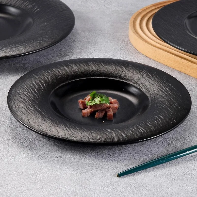 1 Pc Melamine Plate Japanese Plastic Black Disc Fire Western Style Beef Flat Plate Commercial