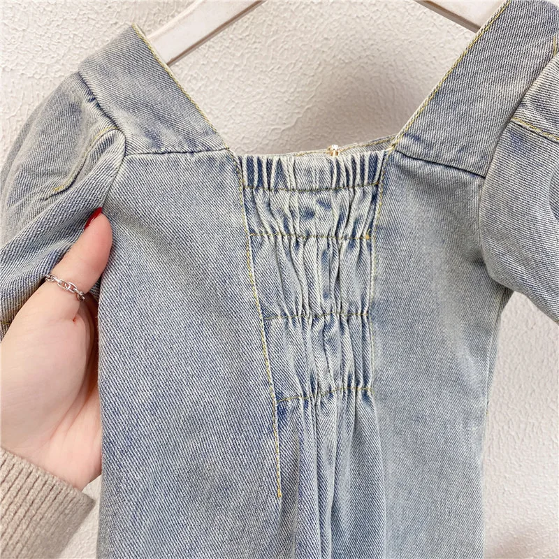 Summer Baby Girl Denim Short-sleeved Dress Children Kids Girls Jean Puff Sleeve Dresses