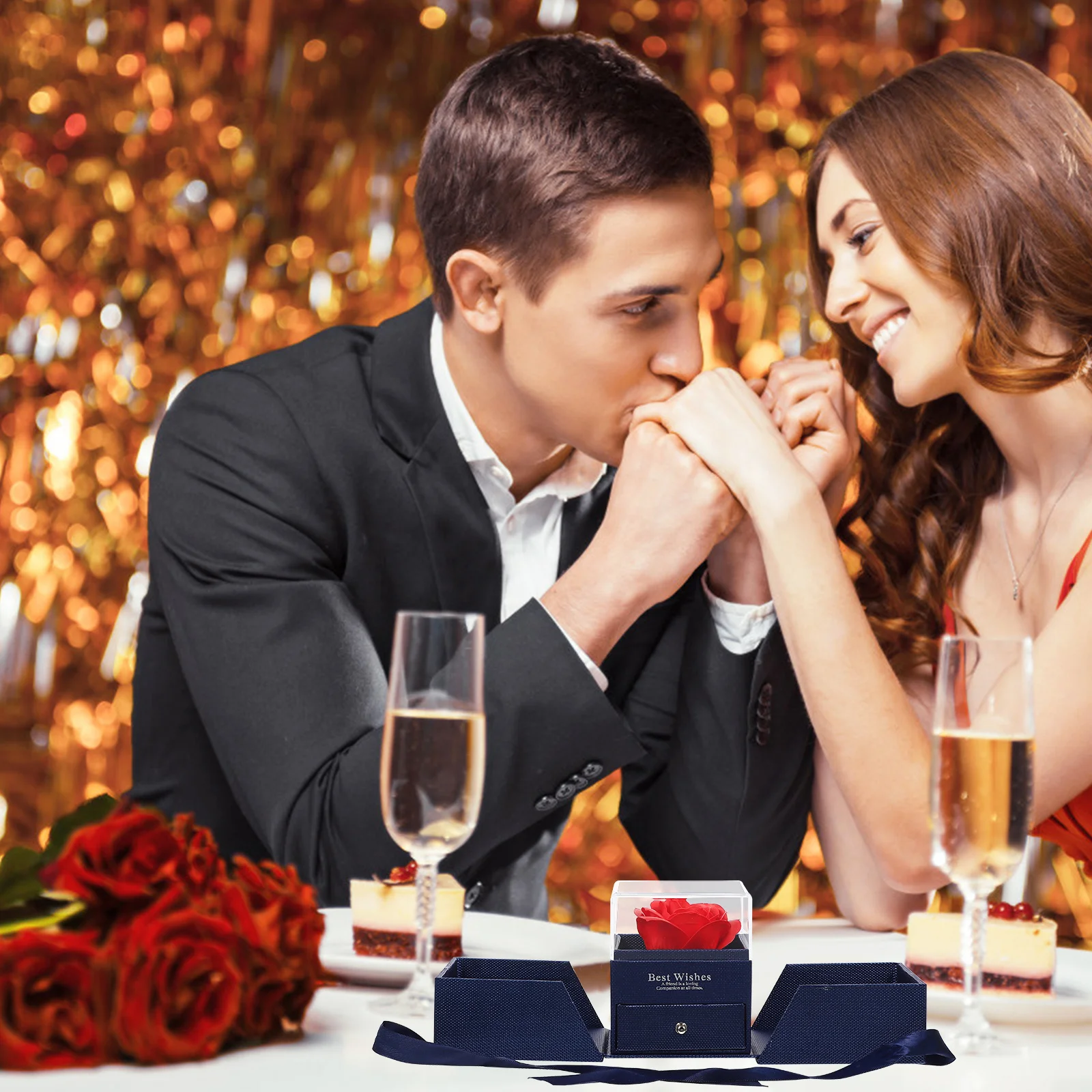 1Pcs Eternal Flower Jewelry Box Bright Red Lifelike Petals Jewelry Storage Organizer for Rings Earrings Necklaces Bracelets