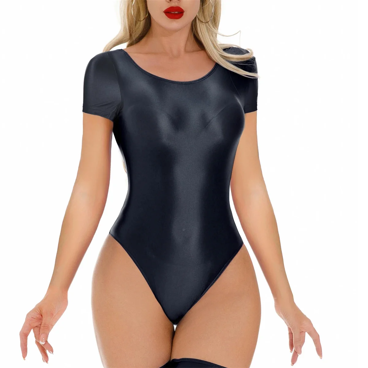 Vrouwen Sexy Bikini Turnpakje Effen Kleur Olie Glanzende Gladde Body Korte Mouw Badmode Rompertjes Transparante Yoga Fitness Catsuits