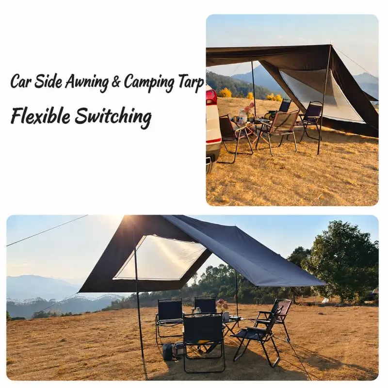 RV Car Side Awning with Blackout Screen Window - Waterproof Vinyl Sunshade, Portable Camping Tailgate Canopy Shelter for SUV