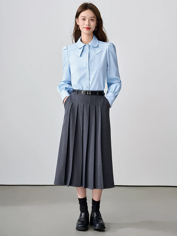 

Blue irt Women's Autumn New Korean Sle Knot Ne Commute Long Sve Blouse f Skirt One Set Simple Straight Cut