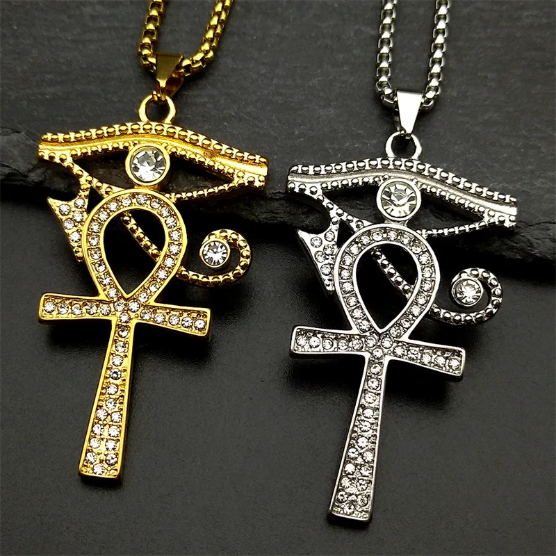 Stainless Steel Eye of Ra Horus Ankh Cross Chain Necklaces Men Statement Mythology Rhinestones Egyptian Eyes Symbol Jewelry