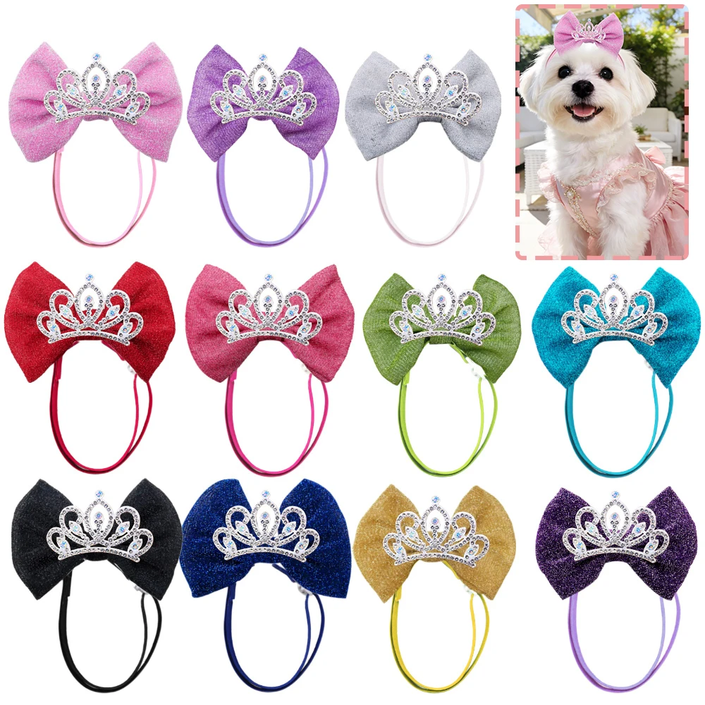 

50PCS Diamonds Dog Hair Bows Elastic Bands Crown Shape Luxury Adjustable Dog Bows Pet Photo Decoration Small Dog Head Bows