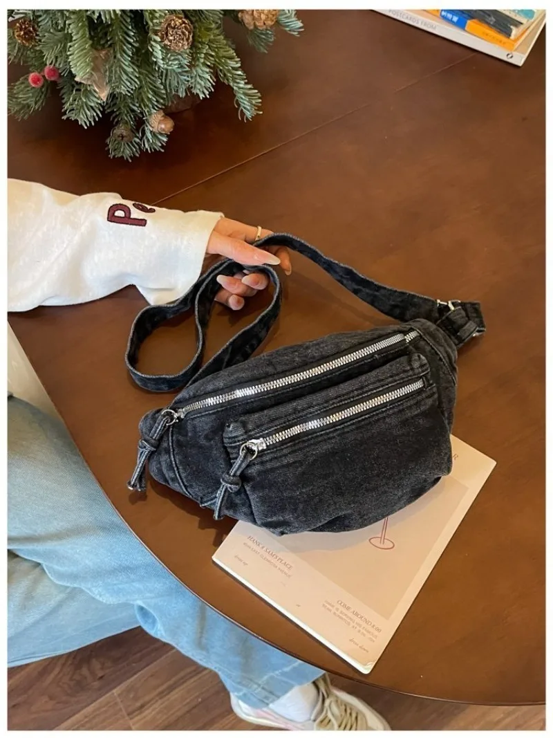 Damen Vintage Washed Denim Tasche mit Mehreren Taschen, Verstellbarer Riemen Crossbody Gürteltasche für Tägliche Aufgaben und Outdoor-Aktivitäten – Detail 8