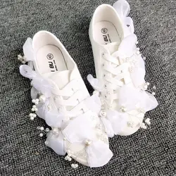 Women's Vulcanize Shoes New Casual Classic White Canvas Women Wedding Party White Lace Sneakers Pearl Fashion