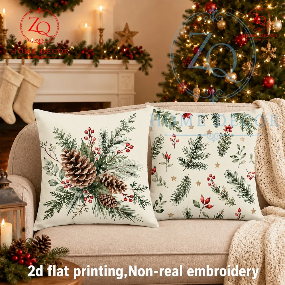 Rustic Christmas Throw Pillow Covers Watercolor Pine Cone  Berry Winter Farmhouse Decor Cushion Cases for Sofa Couch Bed