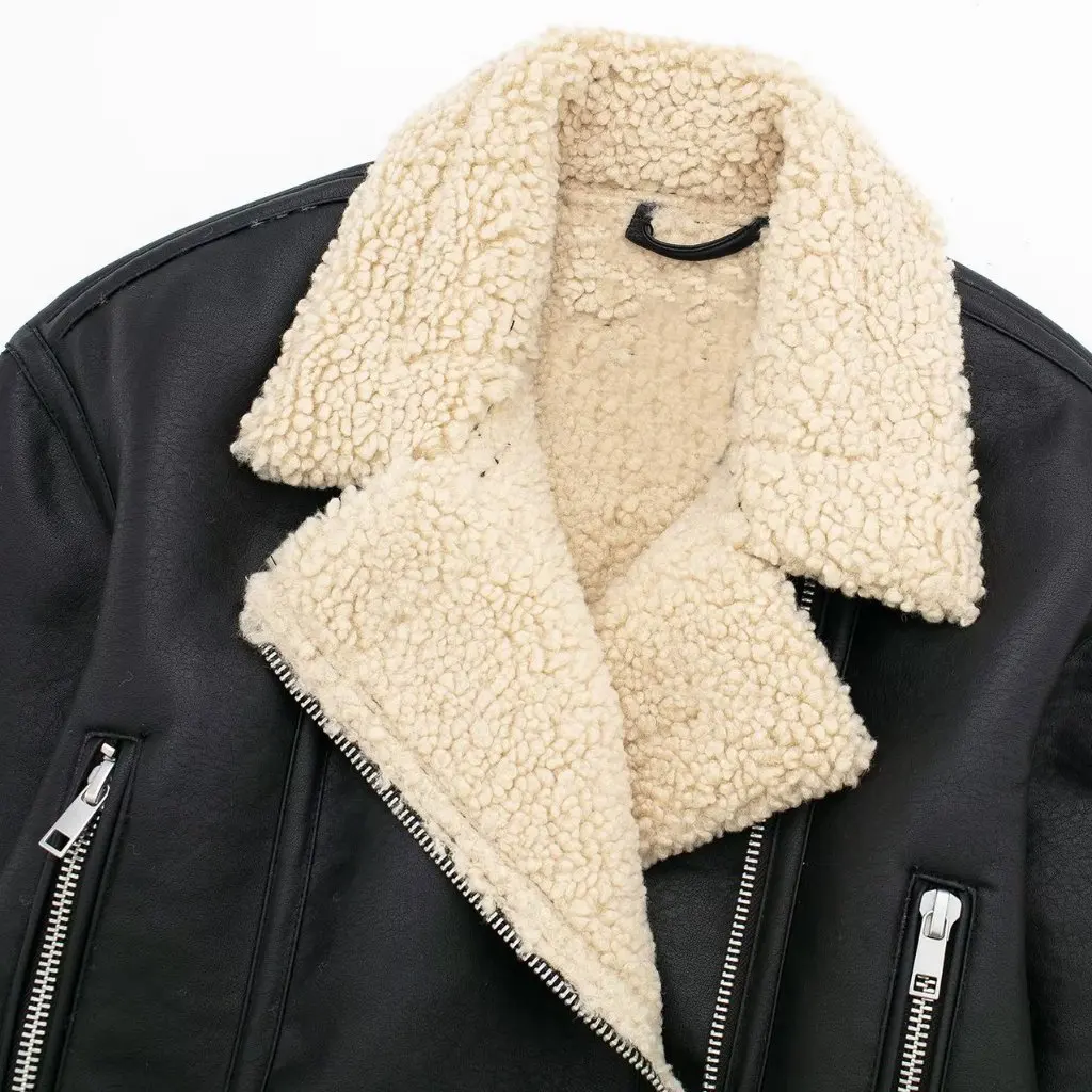 Double-Sided Fleece Faux Leather Jacket American Street Style Loose Casual Motorcycle Coat for Autumn Winter Women