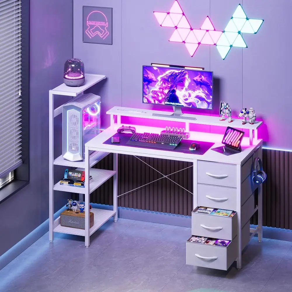 Carbon Fiber White 51 Gaming Desk with 4 Drawers, LED Lights, and Power Outlet for Compact Spaces
