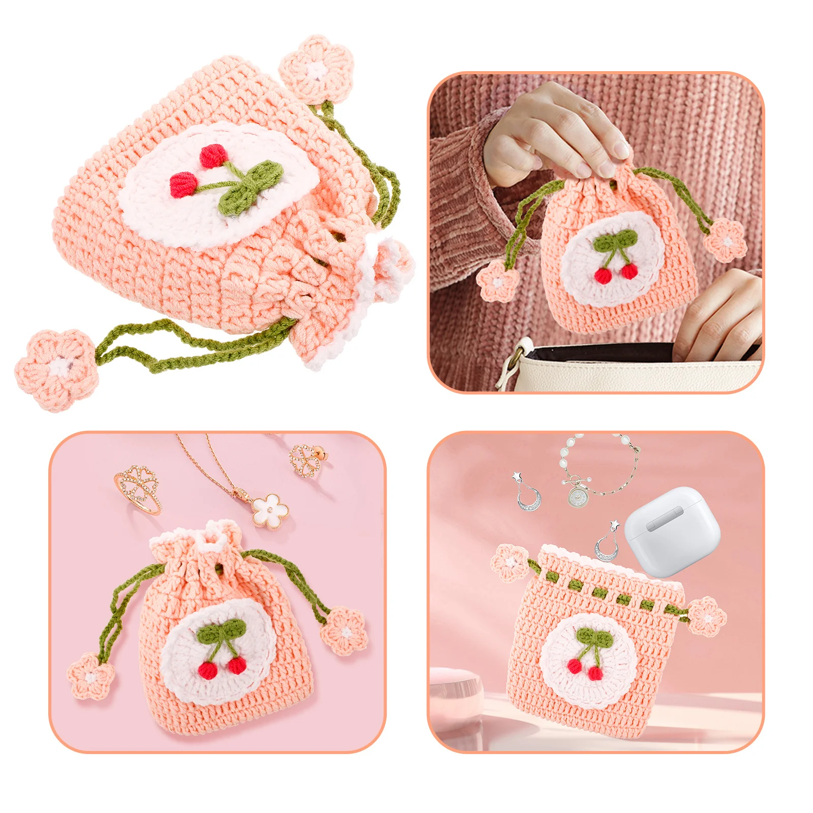 

Small Crochet Bag Woven Purse for Women Drawstring Closure Lightweight Portable Storage Pouch for Lipsticks Earphones Keys