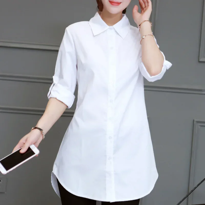 Spring Autumn Women Shirts New BF Long Shirts Sexy Loose Large White Shirts Pajamas Mid Length Women\'s Blouse Basic Ladies Tops