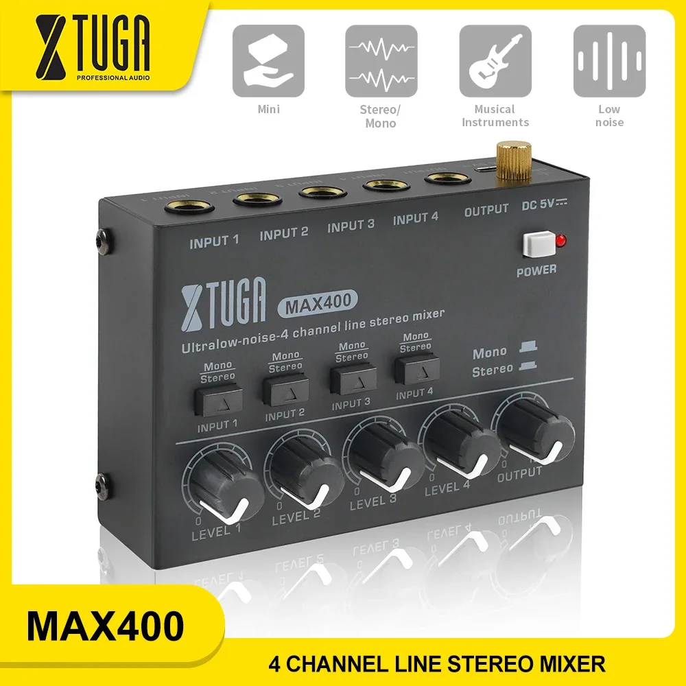 XTUGA MAX400 Professional Mixer 4-Channel Mini Stereo Mixer Audio Mixer Interface Low Noise For Multiple Devices And Recording