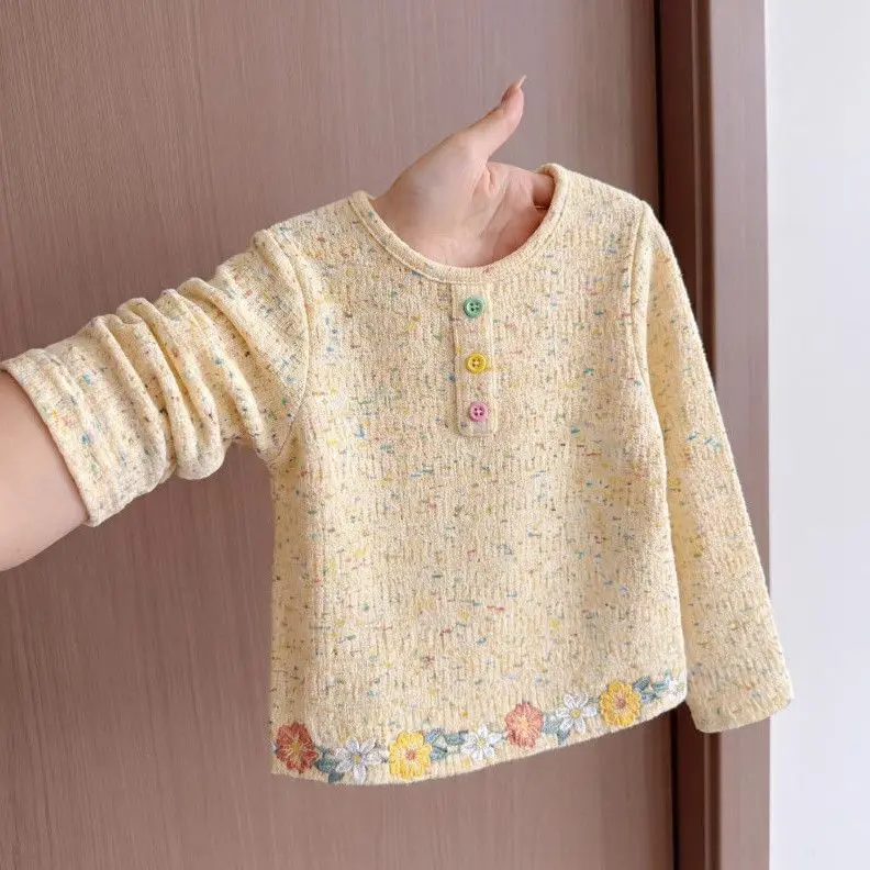 Girls Long Sleeved T-shirt 2026 Autumn New Treasure Lace Button Bottom Children Top for Wearing Outside Princess Style