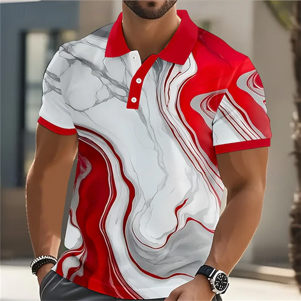 New men's short sleeved polo shirt with black and white twisted streamlined geometric print lapel casual top