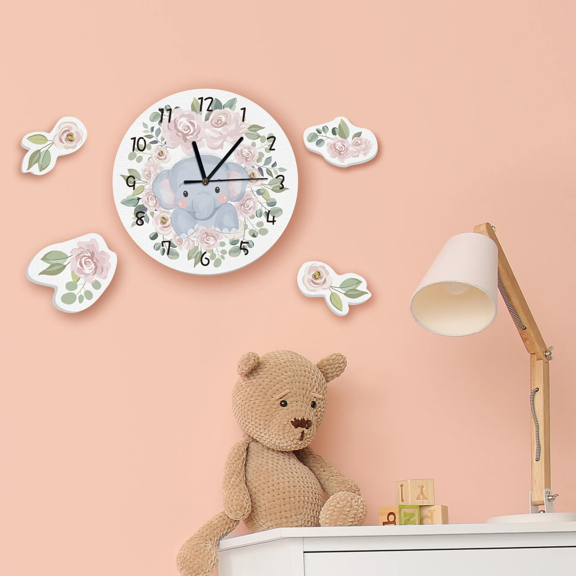 Funlife خرافة الغابات المائية الرياح الأطفال ساعة حائط الكرتون لطيف الفيل الصغير زهرة ساعة يمكنك تصميم واجهتها بنفسك SWC018