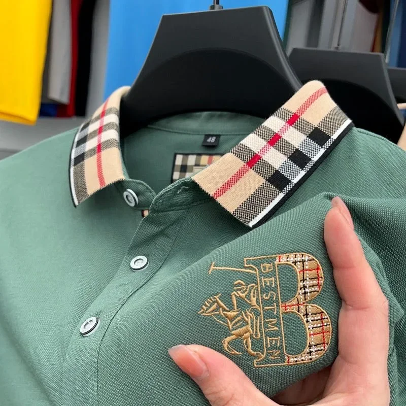 Luxury Short Sleeve Men's Polo Shirt Summer High-end Fashion Plaid Embroidery Lapel Casual T-shirt Breathable Cotton Polo Shirts