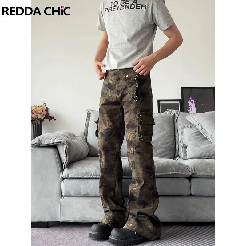 REDDACHIC Retro Camouflage Men Denim Cargo Pants Multi-pocket Stitch Low Waist Wash Loose Wide Leg Flare Jeans Hiphop Streetwear