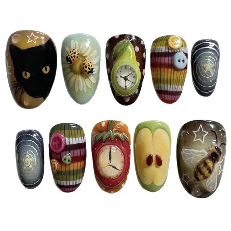 

24pcs Short Almond Press on Nails Y2K Cartoon Clock False Nail Flowers Full Coverage Nail Tips for Women&Girl Removable Nail