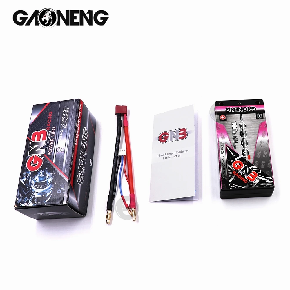 Gaoneng GNB 4000mAh 2S 7.6V 100C Low Profile Hardcase Shorty LiPo Battery 4.0mm Bullet XT60/T-Plug Plug for Racing RC Car Boat