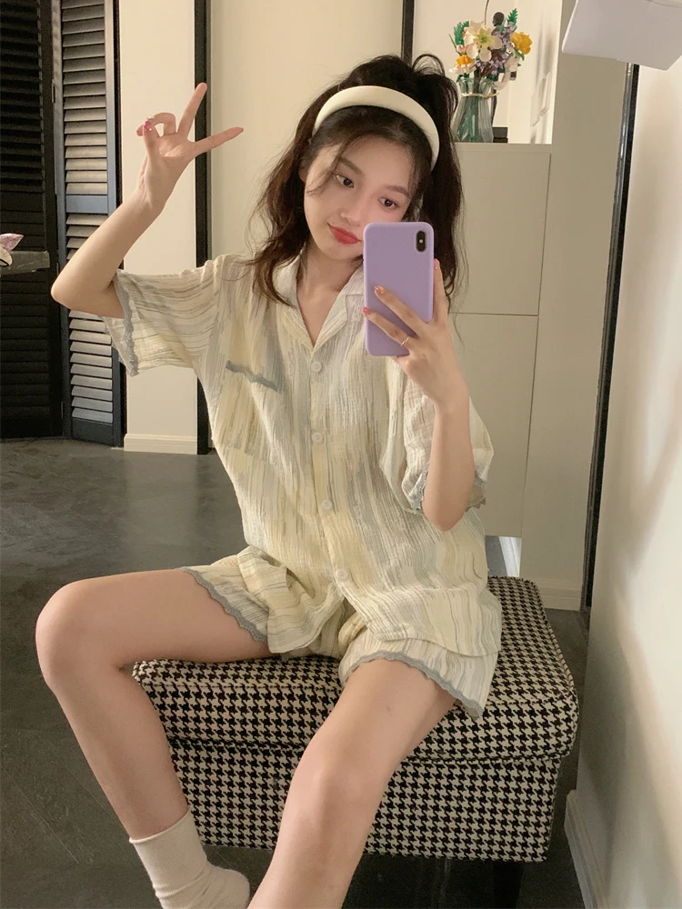 

Elegant Summer Cotton Pajamas Women's Short Sleeve Thin Home Clothes Set Comfortable Breathable Cotton Sleepwear for Youth