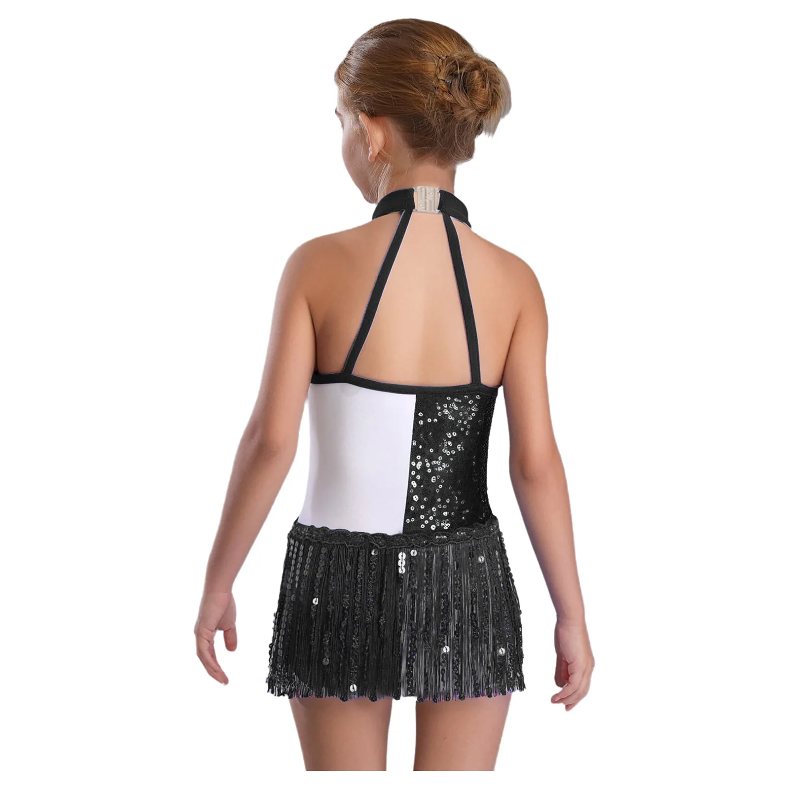 Kids Meisjes Gymnastiek Turnpakje Schaatsen Ballet Jersey Latin Dans Kostuum Glanzende Pailletten Kwastje Halter Backless Turnpakje Bodysuit