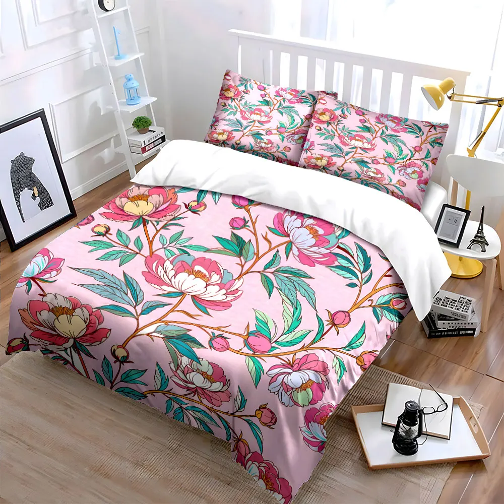 Elegant floral pattern on pink background Printed Duvet Cover Set1 Duvet Cover+2 PillowcaseMulti Size Bedroom Bedding Decor