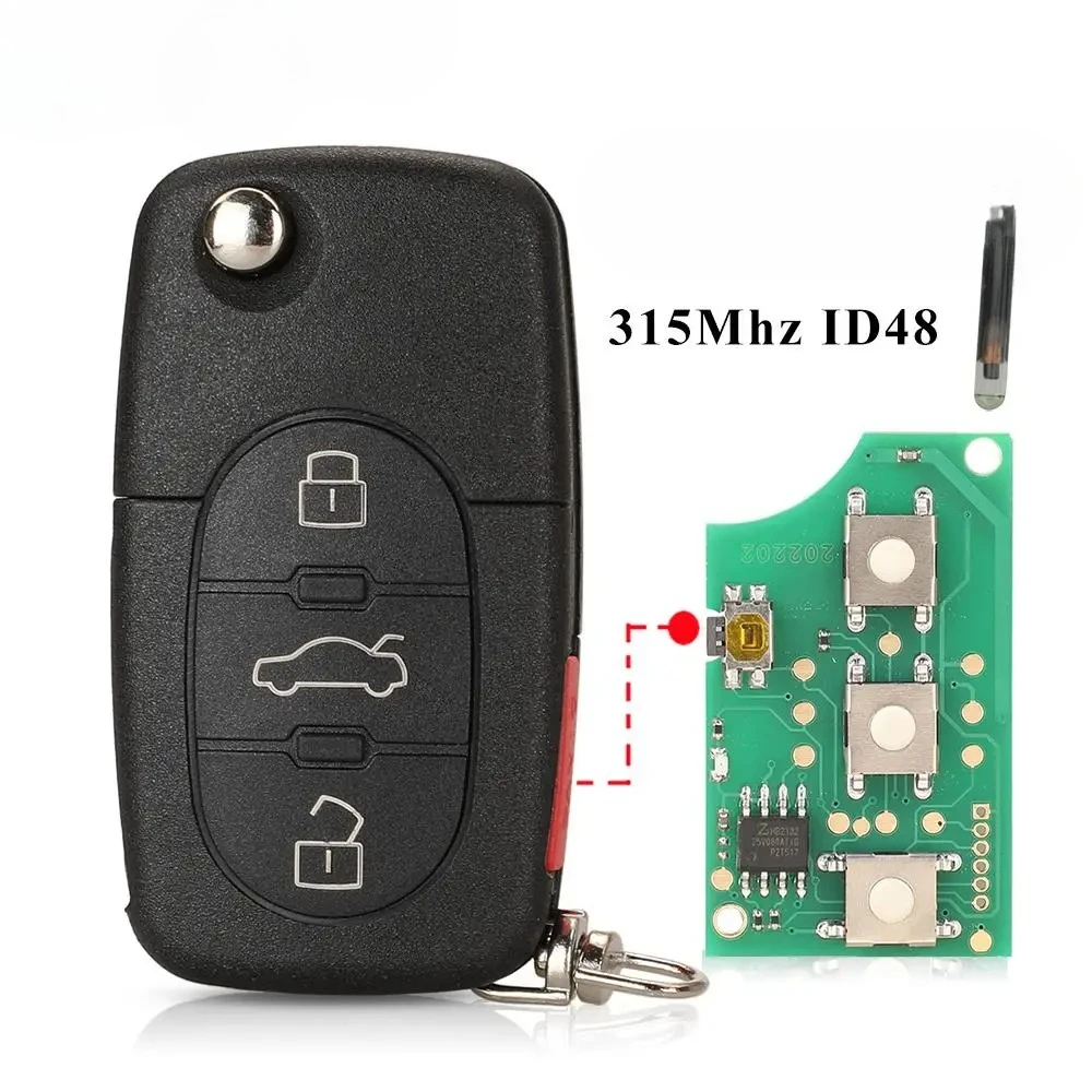 

4D0837231E 315Mhz ID48 Flip Remote Car Key For Audi A4 A6 A8 TT 1997-2003 4D0 837 231 E Folding Keys Control 4Button