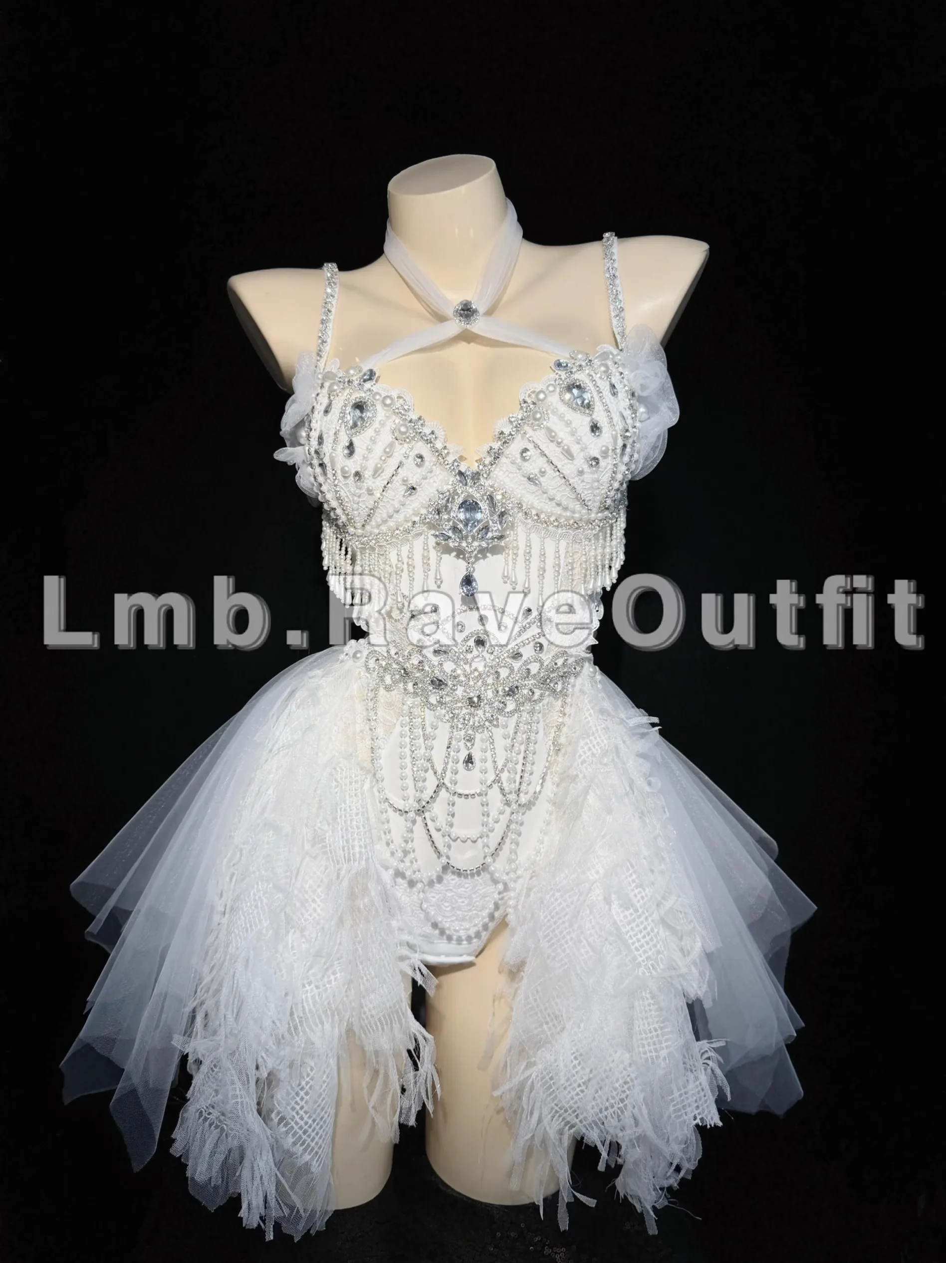 Luxury Diamond Pearl Tassel Electric Syllable Bouncy Sexy Bikini Fairy Dress Female Singer Bar Nightclub Party Rave Dance Wear