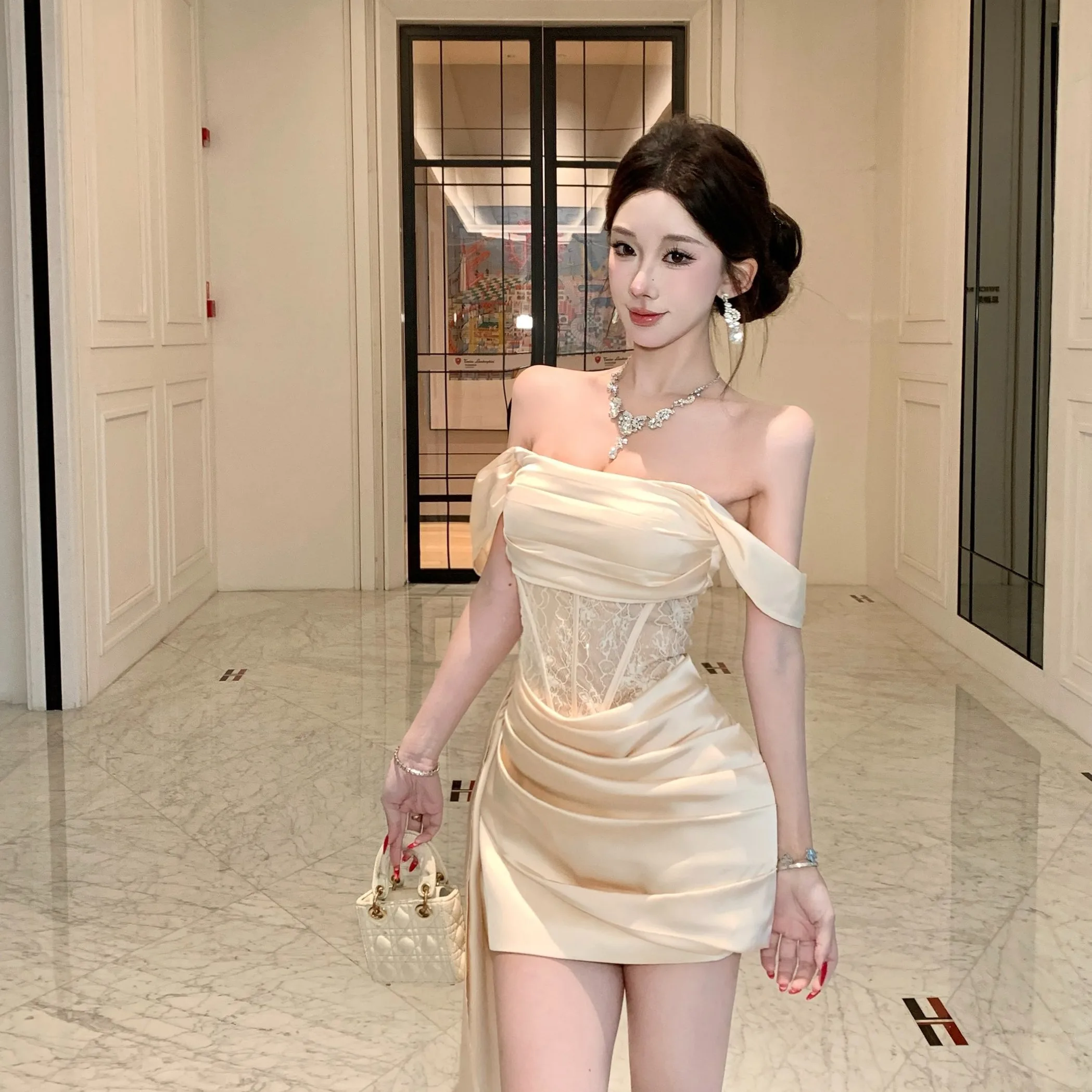 

Ele Lace Splice Вечерняя юбка на одно плечо Dr ort Faionable с высокой талией на молнии для КТВ и зимнего сезона