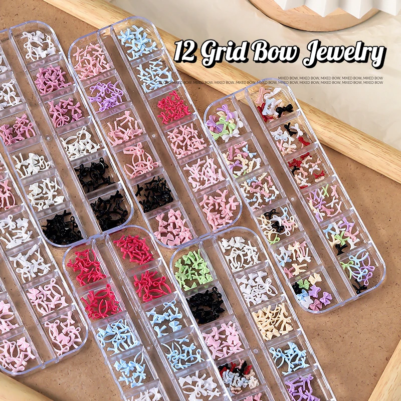 

12 Grid Multiple Colors Bowknots Nail Art Charms Mini Adorable Line Bows Ties Resin Nail Decorations For DIY Earring Nail Suppli
