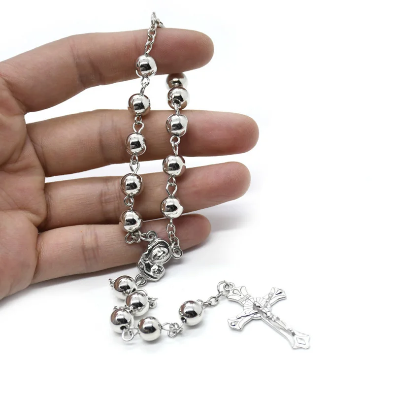 CCB Silver Color Rosary Metal Jesus Cross Bracelet Prayer Beads Car Hanging Ornaments Religious