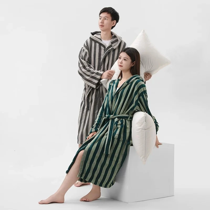 Unisex Retro Striped Long Bathrobe Women Men Casual Robe V Neck Soft Sleepwear Kimono Warm Bath Robes Coat Towel Homewear Gown