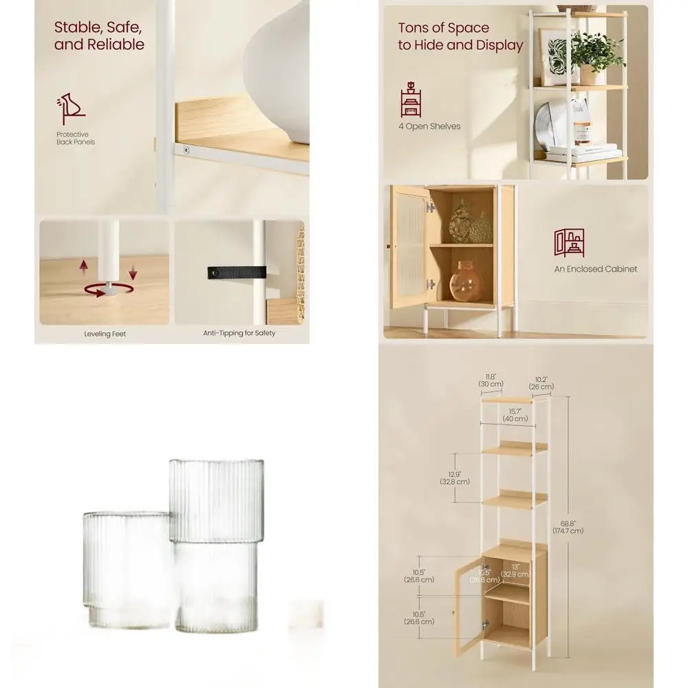 

6-уровневая тонкая книжная полка с металлическим каркасом, регулируемыми полками, дубовый бежевый и жемчужно-белый, хранилище для гостиной ULLS123W57