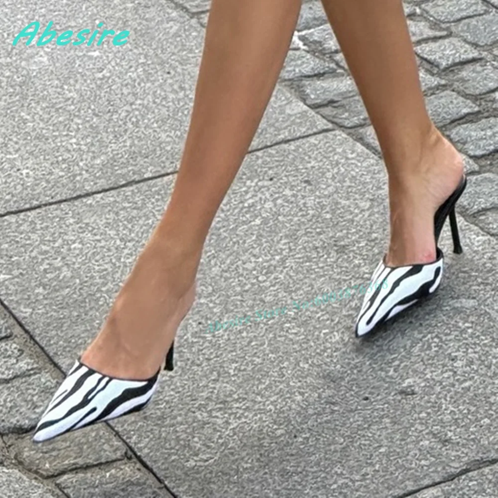 Zebra Print Pointed Toe Mule Sandals Slip-On Backless Stiletto Heels Women's Slippers Elegant Y2K Street-Style Fashion Shoes