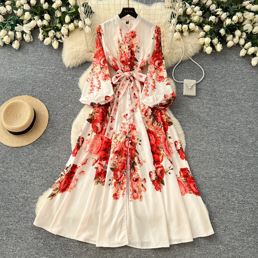 

Long Dress Women Dresses Vintage Vestidos Y2k Streetwear Stand Collar Full Sleeve Print Floral Elegant Party Night Work Spring
