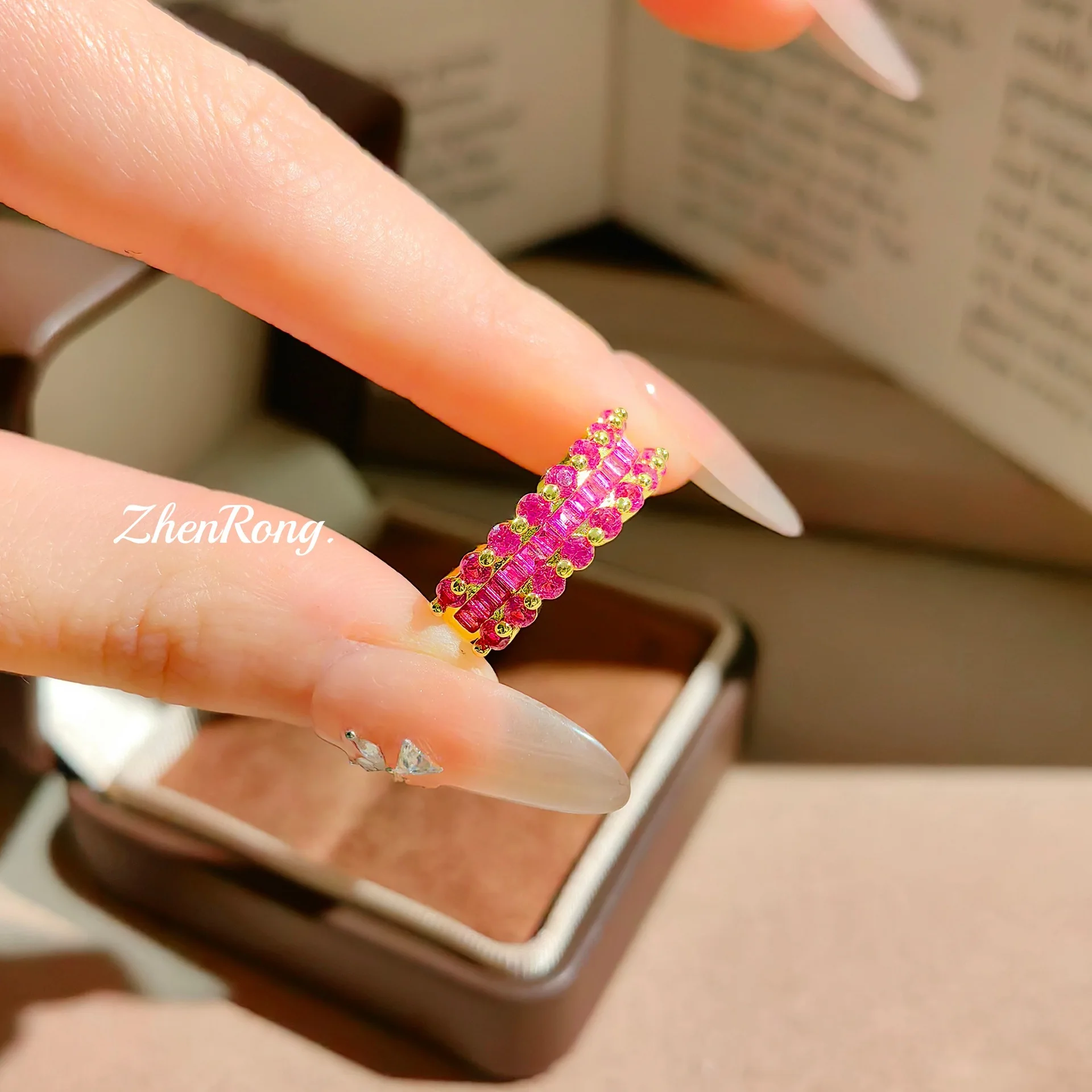 S925 Sterling Silver Gold Plated Red Corundum Full Pave T Square Cut CZ Sugar Half Eternity Band Ring Elegant Fine Jewelry