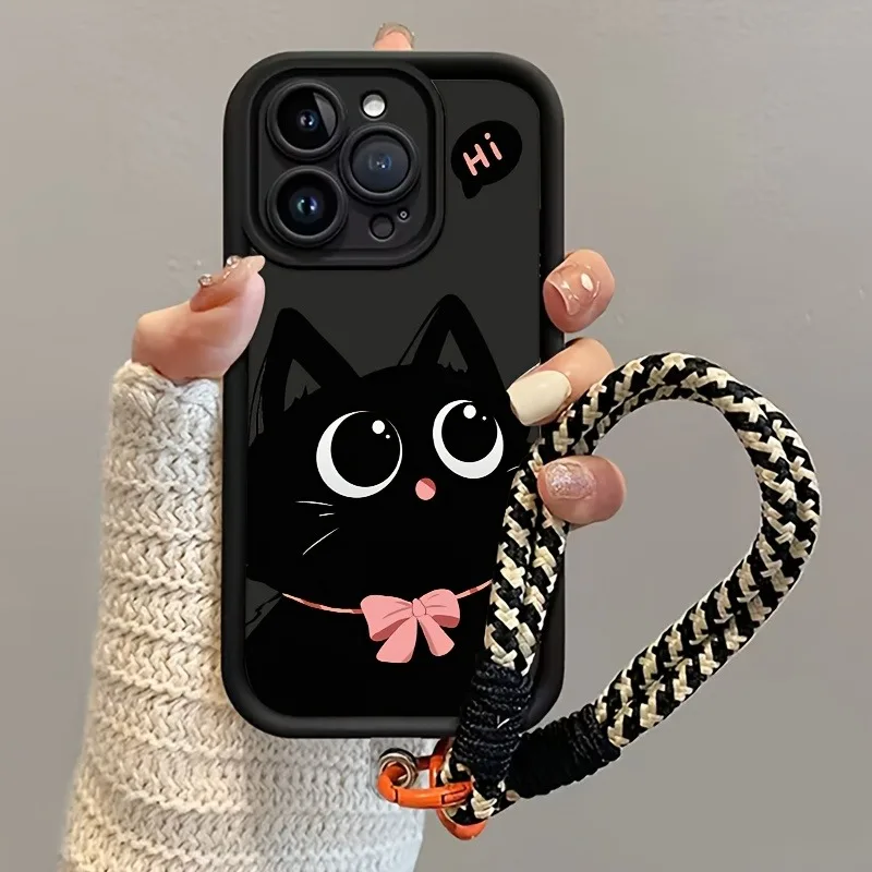 Cute Black Cat Hang Strap Silicone Phone Case For iPhone 11 12 13 14 15 16 17 Pro Max X XS XR 7 8 Plus 16E 17Air Soft Cover - náhled 2