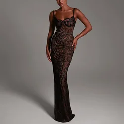 Robe Longue Sexy en Dentelle, Tenue de Soirée Élégante, avec Bretelles, Dos aux, Fente Latérale, Nouvelle Collection Automne et Hiver 2023