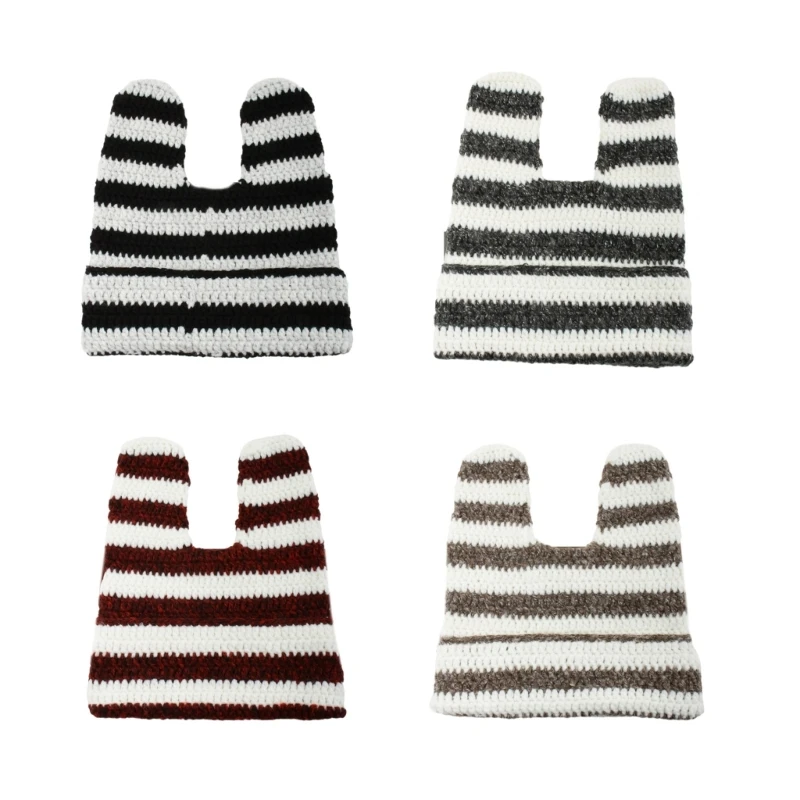 

Y2k Girls Crochet Animal Ear Hat with Stripe Pattern Winter Knitted Hat Cold Winter Presents for Students Teenagers