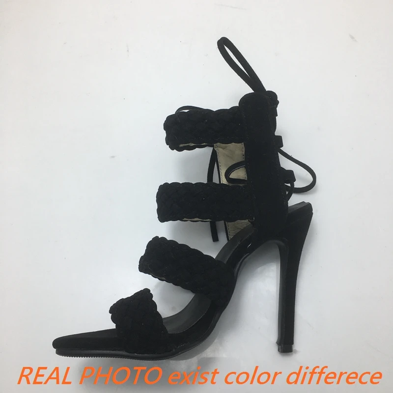 REAVE CAT Ladies Sandals Open Toe Ultrahigh Thin Heels 11cm Lace Up Flock Suede Sexy Party Women Shoes 44 45 46 47 48