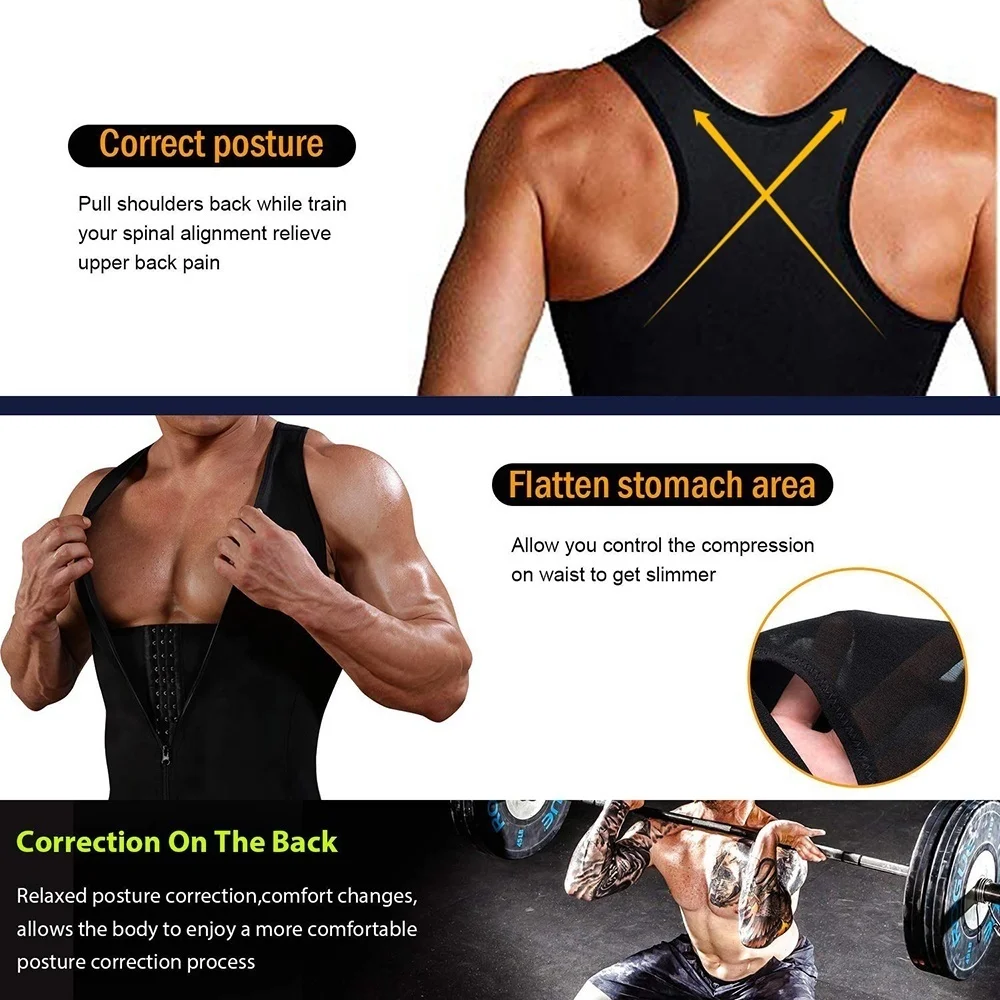 Homens corpo shaper sauna terno suor colete emagrecimento cintura trainer camisa de perda de peso queimador de gordura treino regatas shapewear com zip