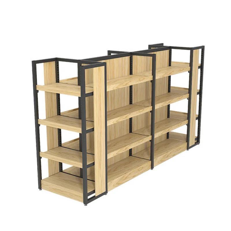 2025customized.China Convenience Store Steel-Wood Snack Display Racks Retail Shop Gondola Supermarket Shelf Display Stand